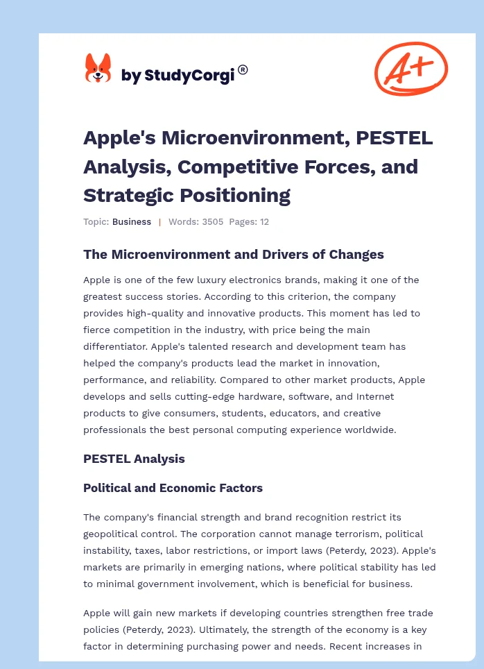 Apple's Microenvironment, PESTEL Analysis, Competitive Forces, and Strategic Positioning. Page 1