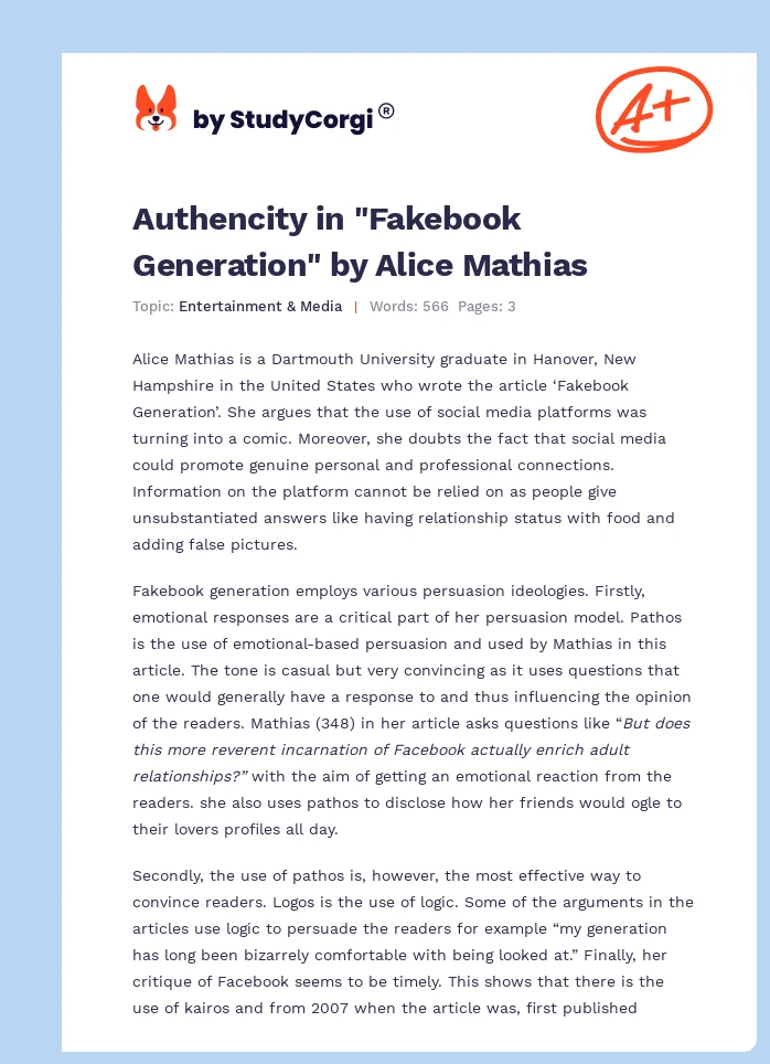 Authencity in "Fakebook Generation" by Alice Mathias. Page 1