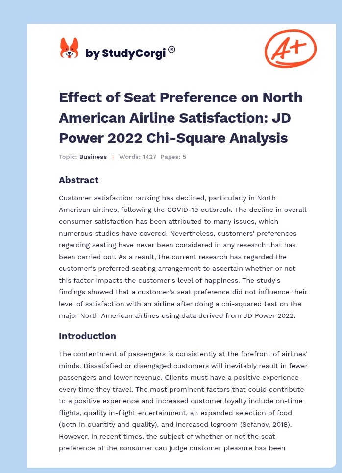 Effect of Seat Preference on North American Airline Satisfaction: JD Power 2022 Chi-Square Analysis. Page 1