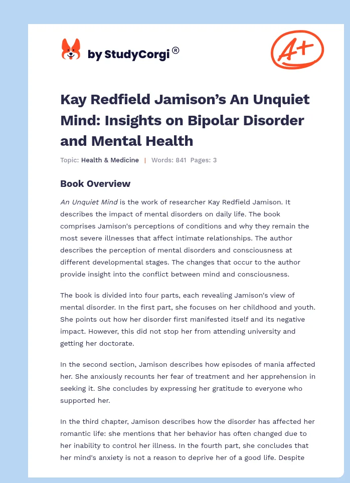 Kay Redfield Jamison’s An Unquiet Mind: Insights on Bipolar Disorder and Mental Health. Page 1