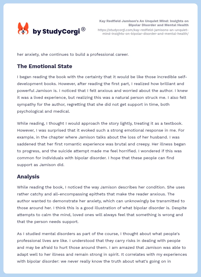 Kay Redfield Jamison’s An Unquiet Mind: Insights on Bipolar Disorder and Mental Health. Page 2