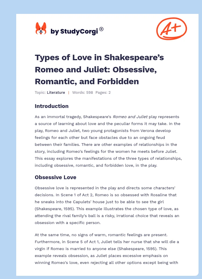 Types of Love in Shakespeare’s Romeo and Juliet: Obsessive, Romantic, and Forbidden. Page 1