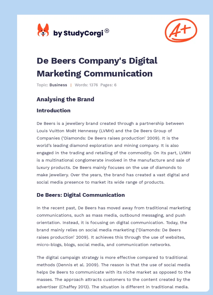 De Beers Company's Digital Marketing Communication. Page 1