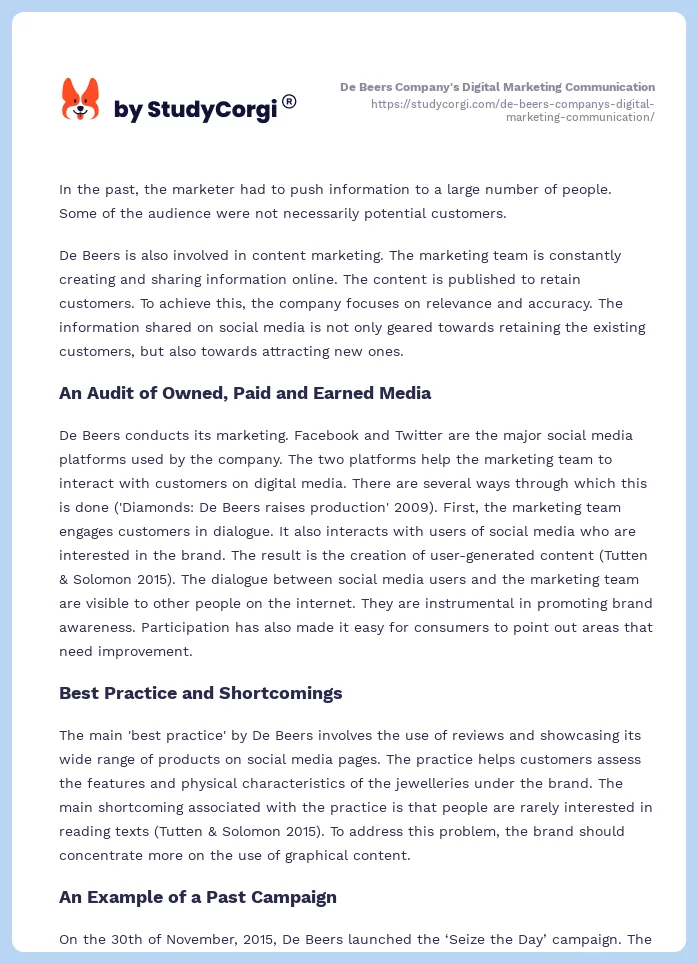 De Beers Company's Digital Marketing Communication. Page 2
