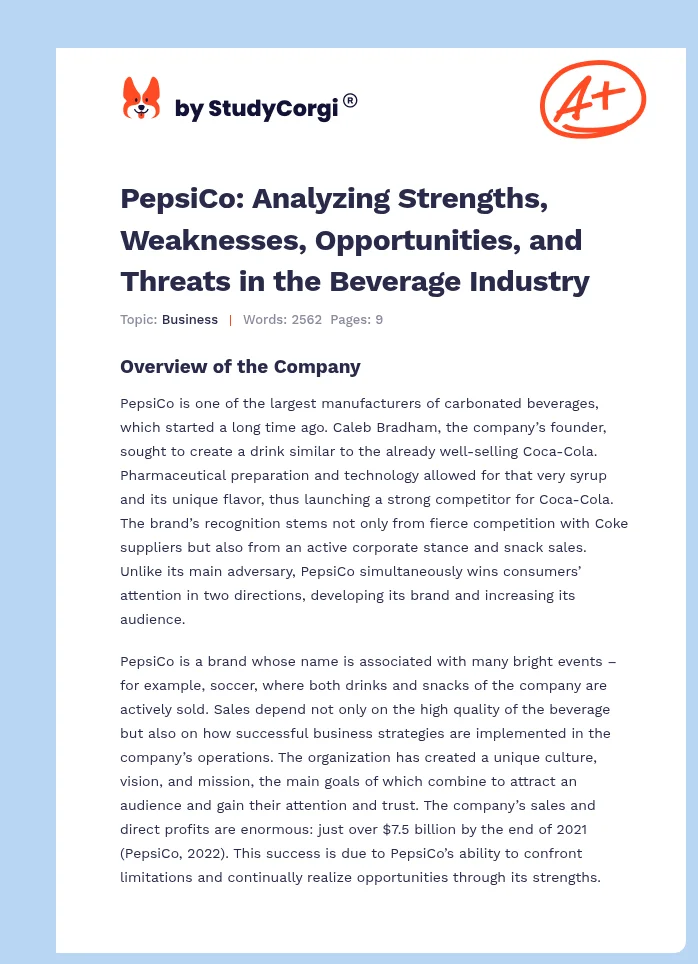 PepsiCo: Analyzing Strengths, Weaknesses, Opportunities, and Threats in the Beverage Industry. Page 1