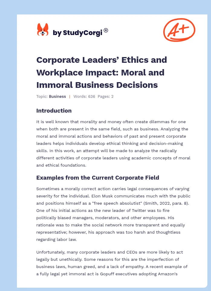 Corporate Leaders’ Ethics and Workplace Impact: Moral and Immoral Business Decisions. Page 1
