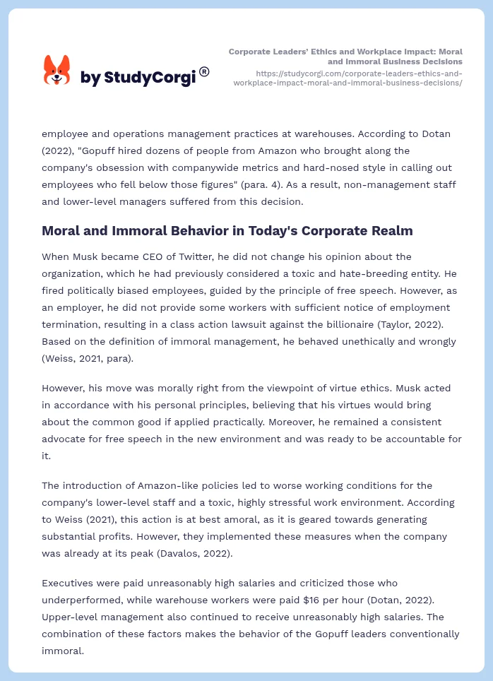 Corporate Leaders’ Ethics and Workplace Impact: Moral and Immoral Business Decisions. Page 2