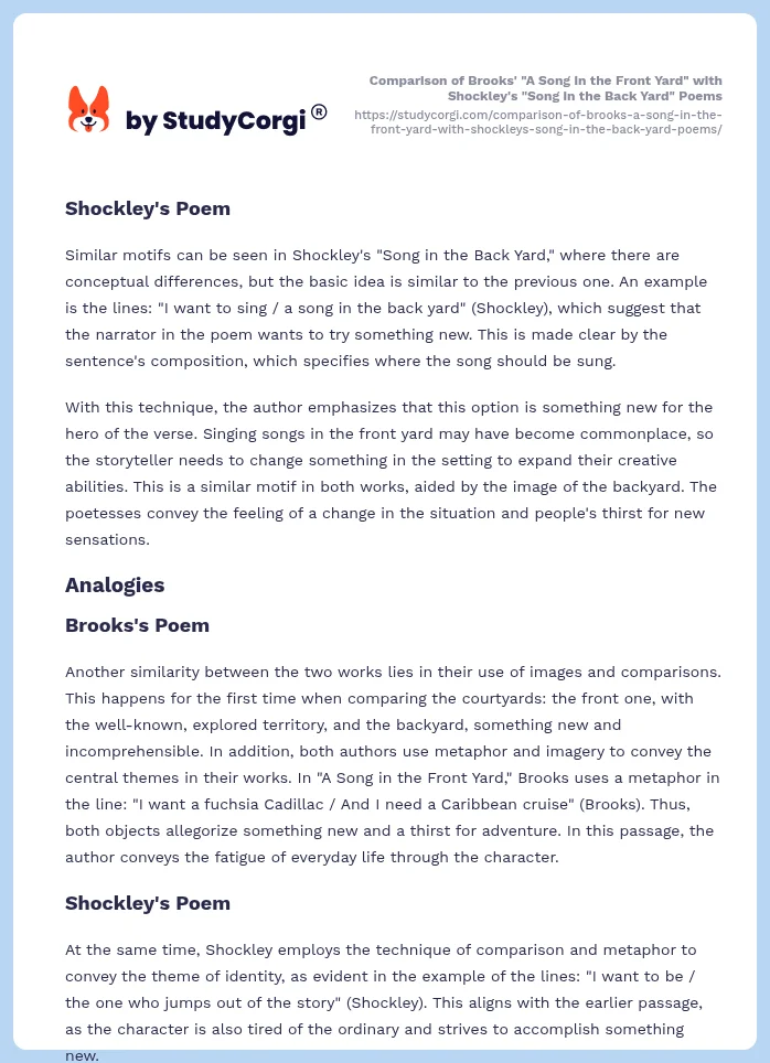 Comparison of Brooks' "A Song in the Front Yard" with Shockley's "Song in the Back Yard" Poems. Page 2