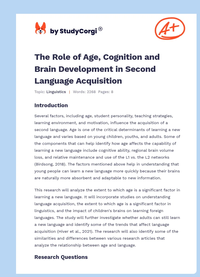 The Role of Age, Cognition and Brain Development in Second Language Acquisition. Page 1