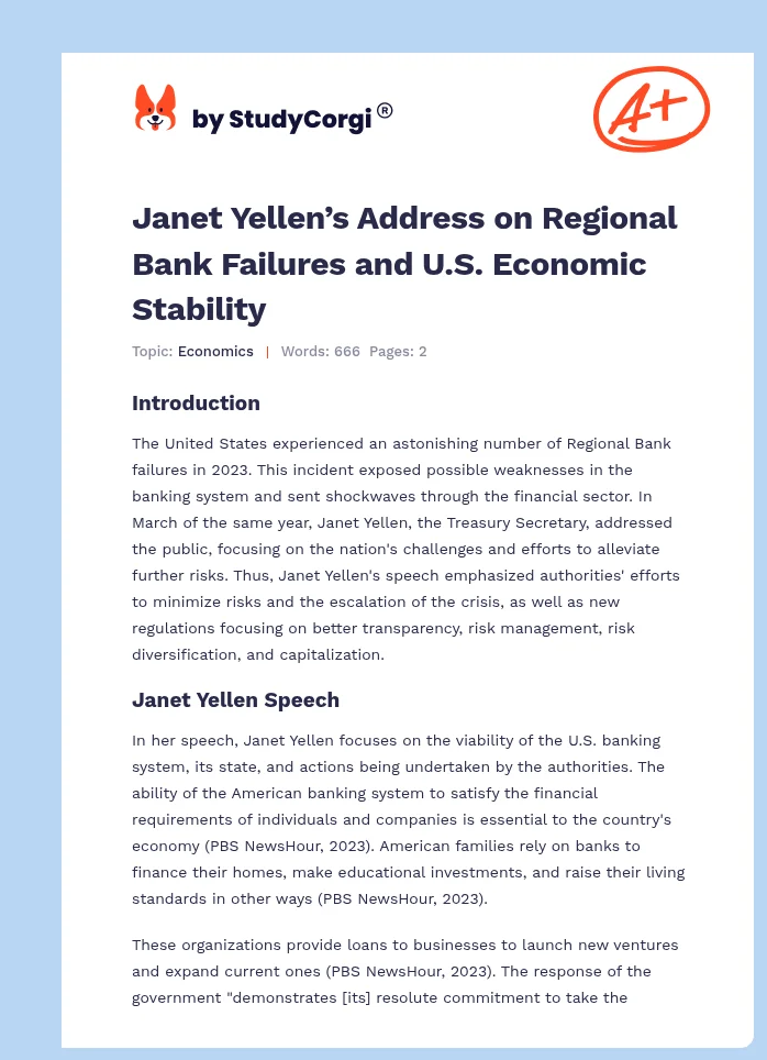 Janet Yellen’s Address on Regional Bank Failures and U.S. Economic Stability. Page 1