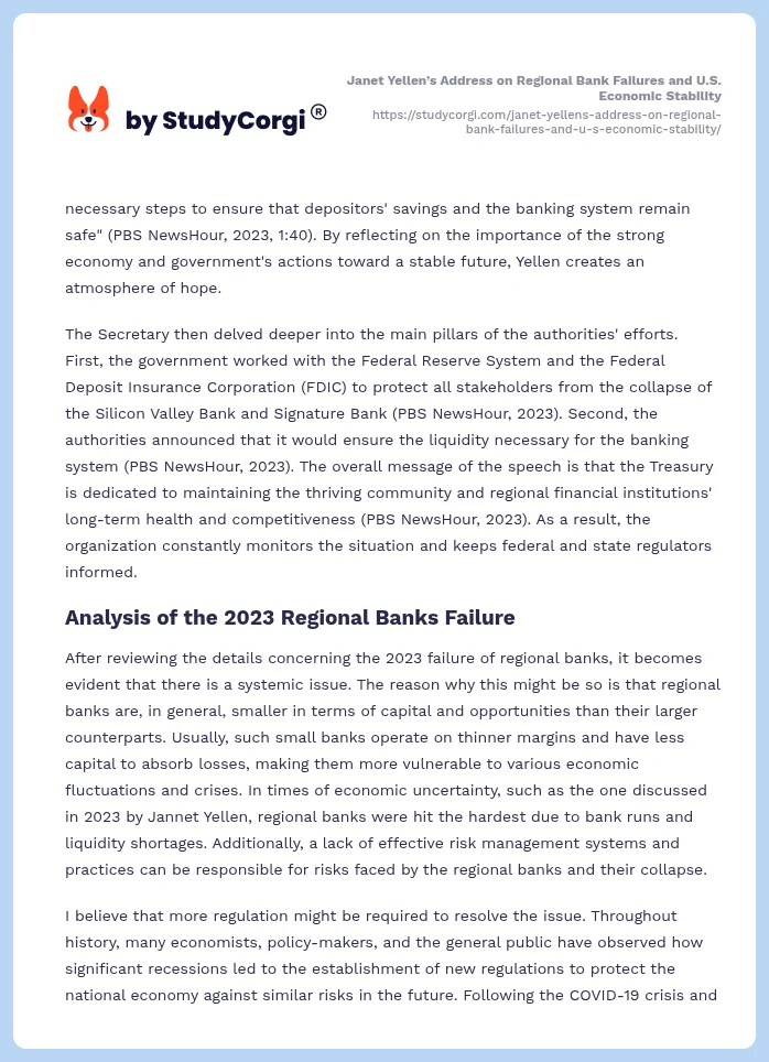 Janet Yellen’s Address on Regional Bank Failures and U.S. Economic Stability. Page 2