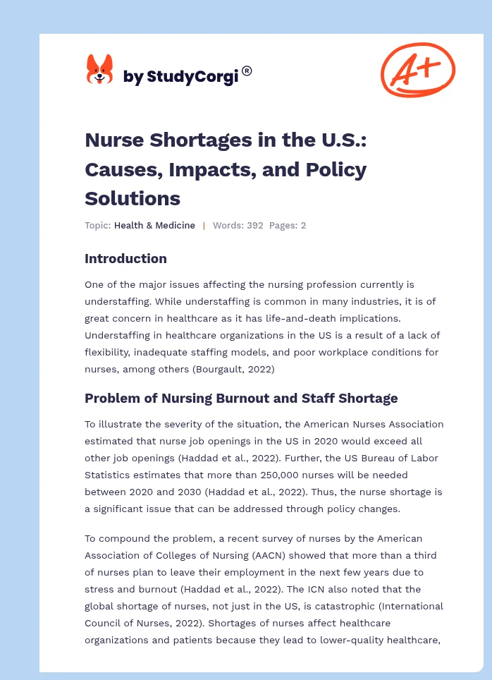 Nurse Shortages in the U.S.: Causes, Impacts, and Policy Solutions. Page 1