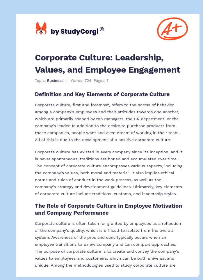Corporate Culture: Leadership, Values, and Employee Engagement. Page 1