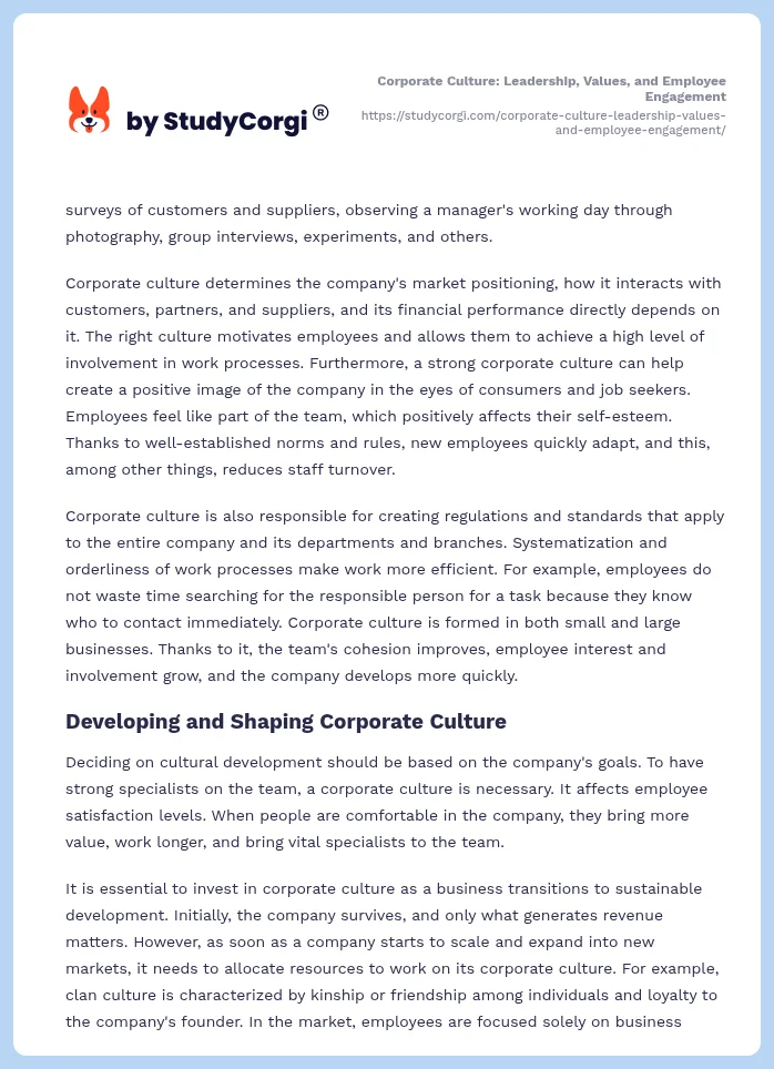 Corporate Culture: Leadership, Values, and Employee Engagement. Page 2