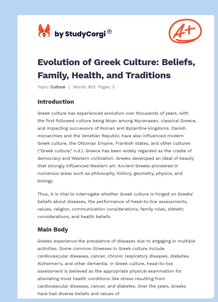 Evolution of Greek Culture: Beliefs, Family, Health, and Traditions. Page 1