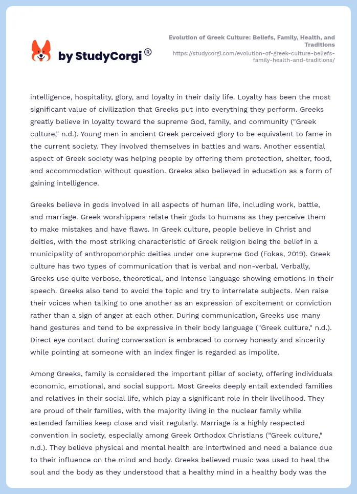 Evolution of Greek Culture: Beliefs, Family, Health, and Traditions. Page 2
