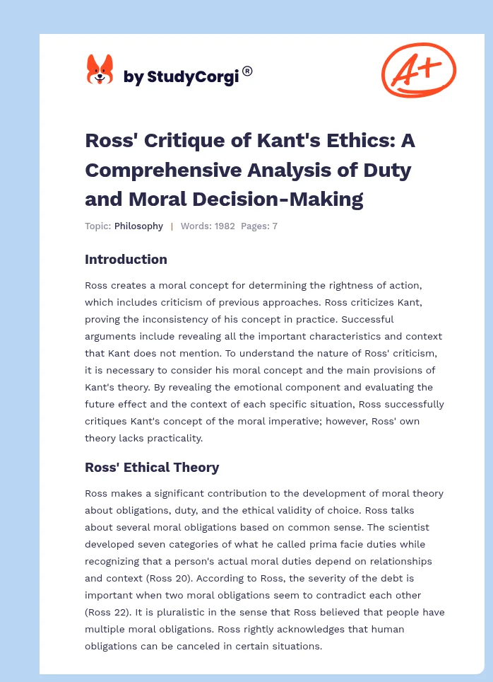 Ross' Critique of Kant's Ethics: A Comprehensive Analysis of Duty and Moral Decision-Making. Page 1