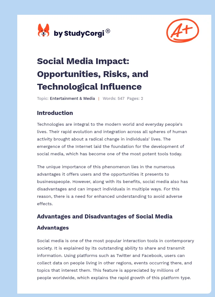 Social Media Impact: Opportunities, Risks, and Technological Influence. Page 1
