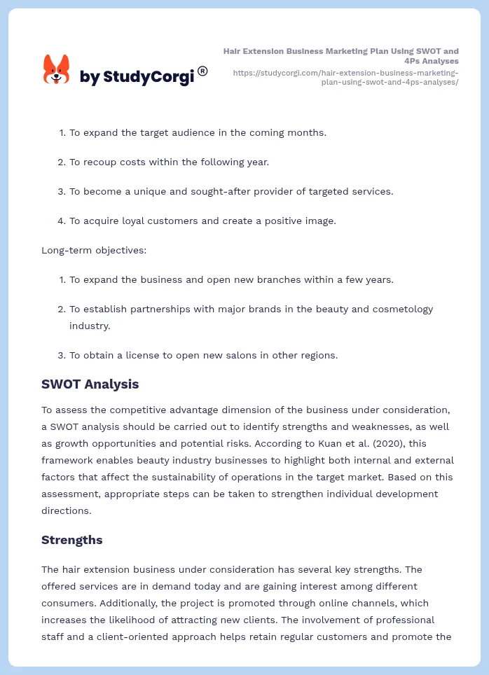 Hair Extension Business Marketing Plan Using SWOT and 4Ps Analyses. Page 2