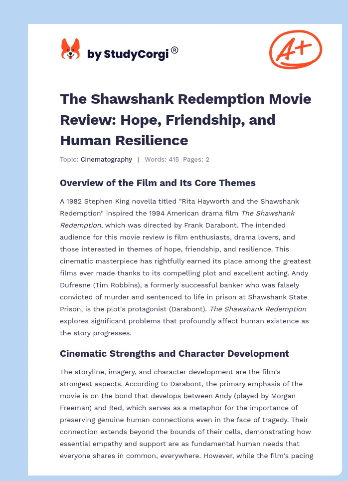 The Shawshank Redemption Movie Review: Hope, Friendship, and Human Resilience. Page 1