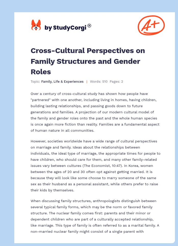 Cross-Cultural Perspectives on Family Structures and Gender Roles. Page 1