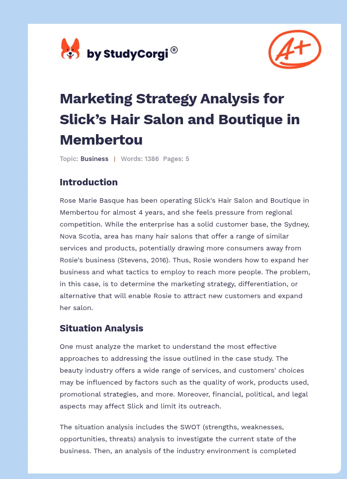 Marketing Strategy Analysis for Slick’s Hair Salon and Boutique in Membertou. Page 1