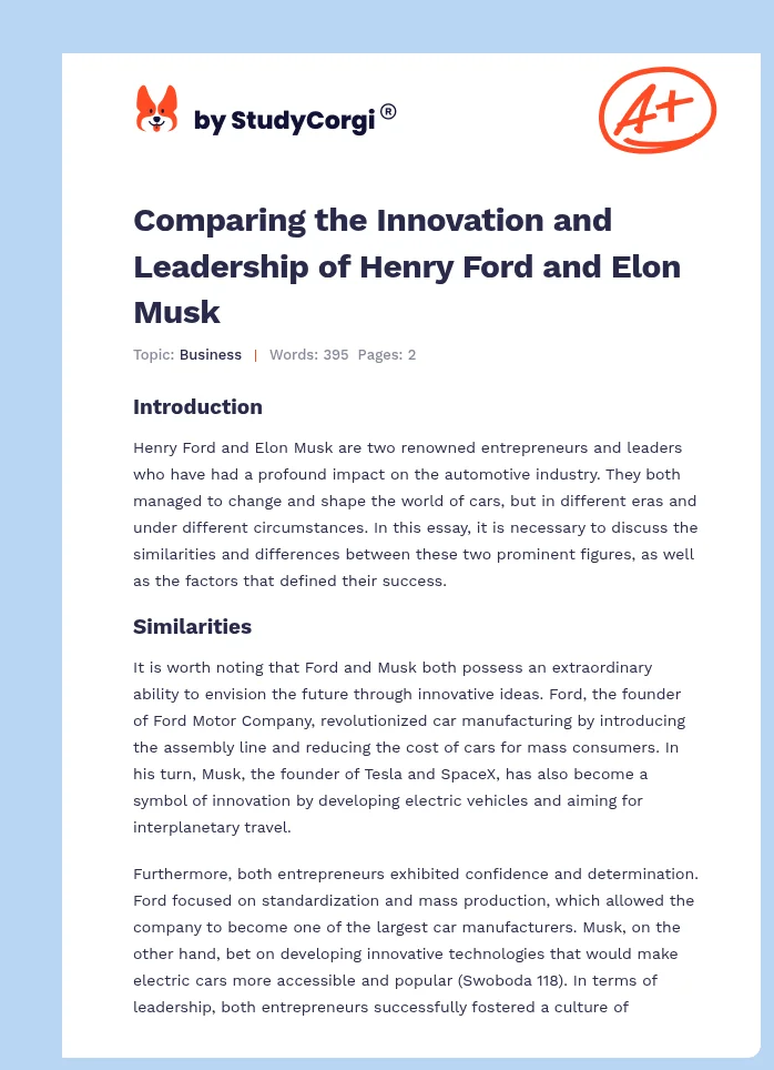 Comparing the Innovation and Leadership of Henry Ford and Elon Musk. Page 1