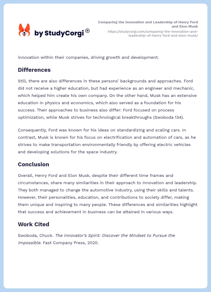 Comparing the Innovation and Leadership of Henry Ford and Elon Musk. Page 2