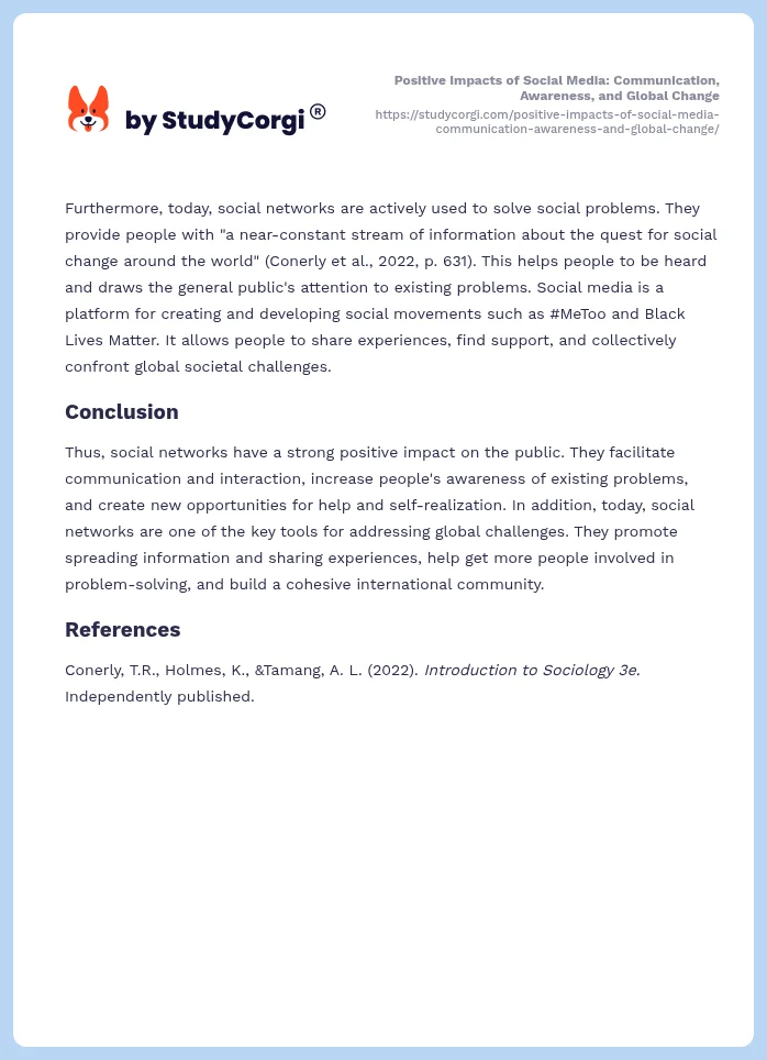 Positive Impacts of Social Media: Communication, Awareness, and Global Change. Page 2