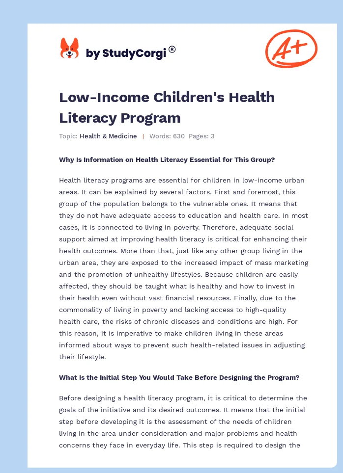 Low-Income Children's Health Literacy Program. Page 1