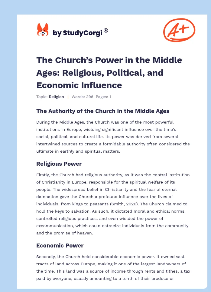 The Church’s Power in the Middle Ages: Religious, Political, and Economic Influence. Page 1