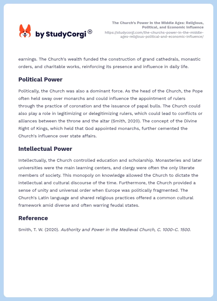 The Church’s Power in the Middle Ages: Religious, Political, and Economic Influence. Page 2