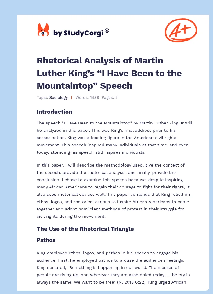 Rhetorical Analysis of Martin Luther King’s “I Have Been to the Mountaintop” Speech. Page 1