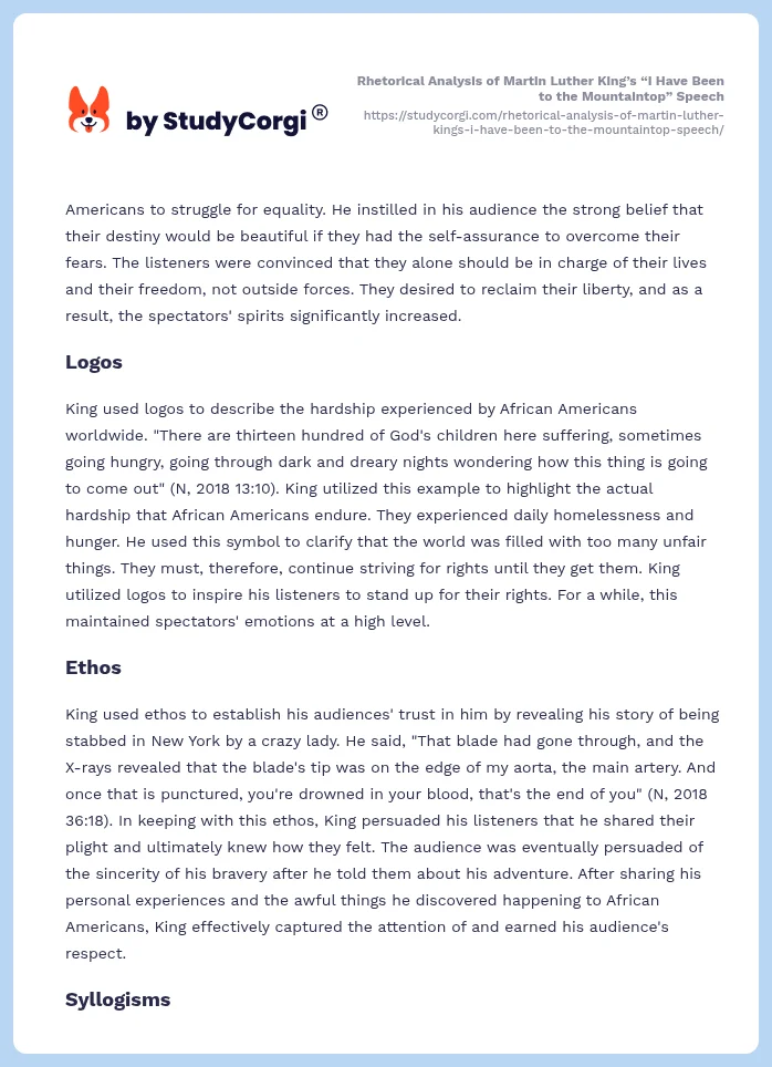 Rhetorical Analysis of Martin Luther King’s “I Have Been to the Mountaintop” Speech. Page 2
