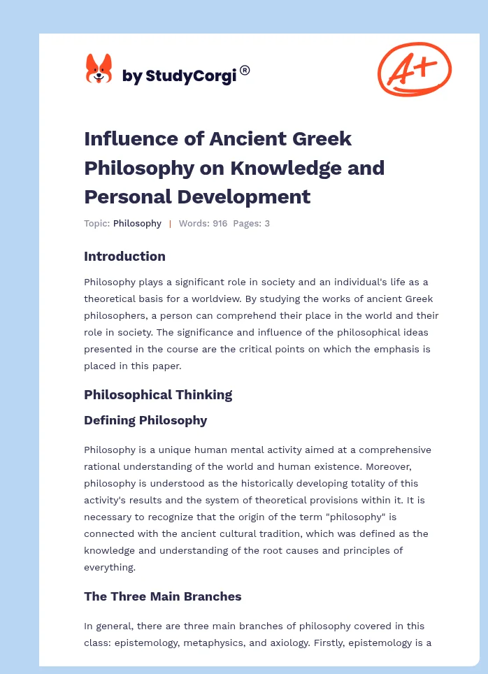 Influence of Ancient Greek Philosophy on Knowledge and Personal Development. Page 1