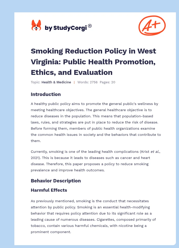 Smoking Reduction Policy in West Virginia: Public Health Promotion, Ethics, and Evaluation. Page 1