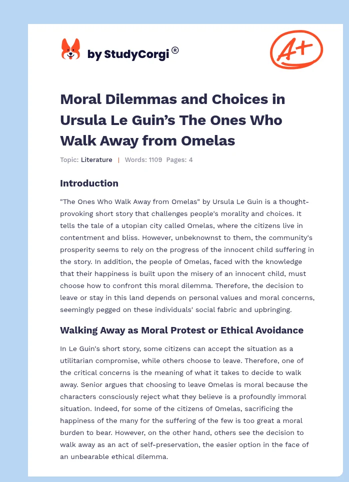 Moral Dilemmas and Choices in Ursula Le Guin’s The Ones Who Walk Away from Omelas. Page 1