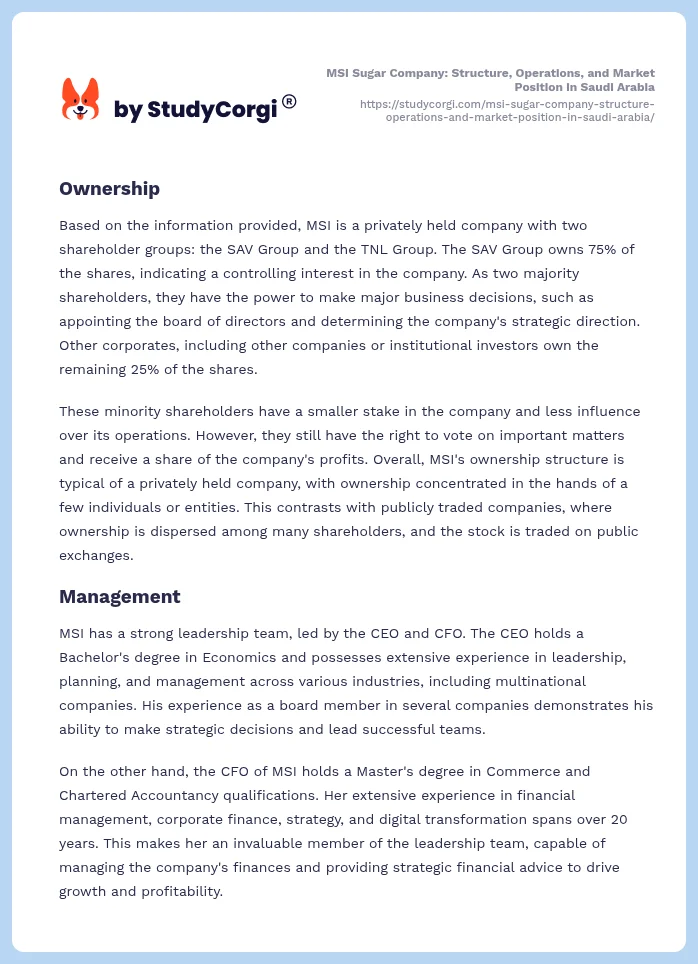 MSI Sugar Company: Structure, Operations, and Market Position in Saudi Arabia. Page 2