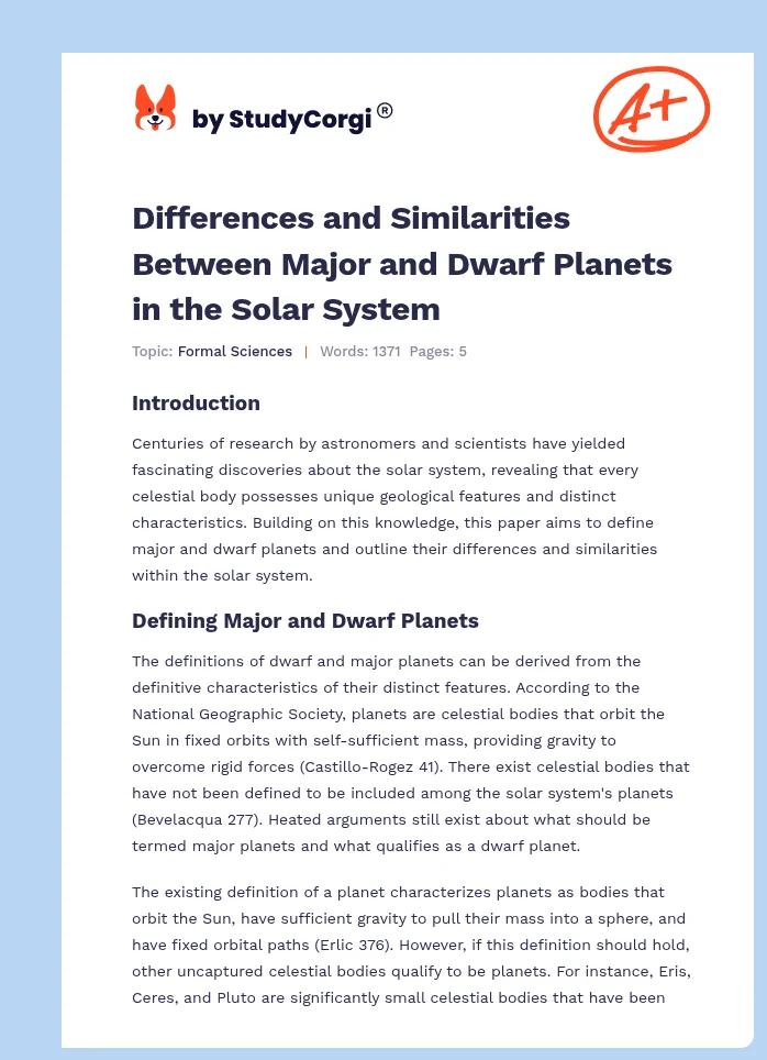 Differences and Similarities Between Major and Dwarf Planets in the Solar System. Page 1