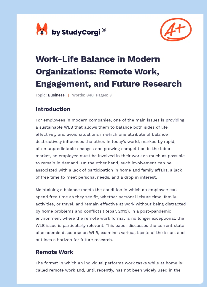 Work-Life Balance in Modern Organizations: Remote Work, Engagement, and Future Research. Page 1
