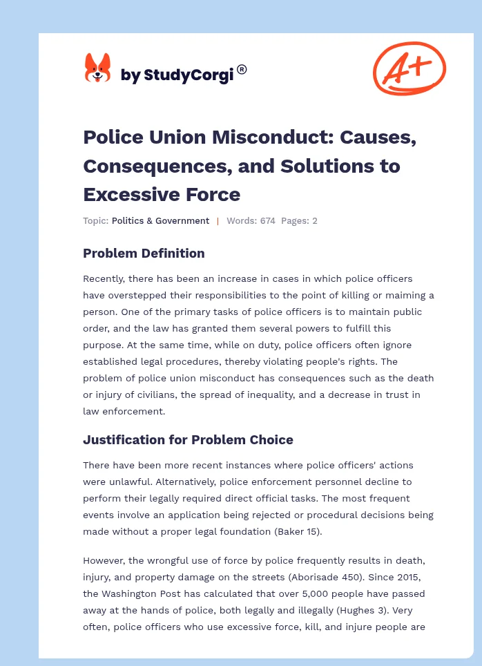 Police Union Misconduct: Causes, Consequences, and Solutions to Excessive Force. Page 1