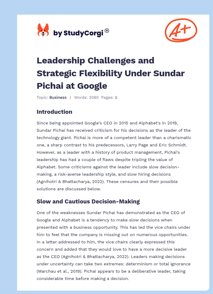Leadership Challenges and Strategic Flexibility Under Sundar Pichai at Google. Page 1