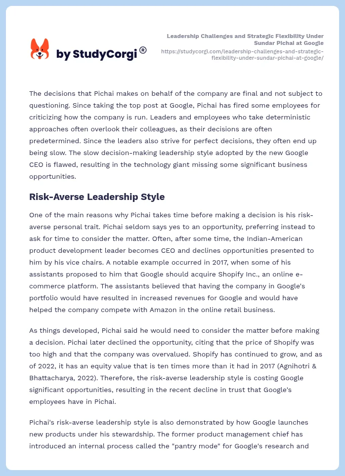Leadership Challenges and Strategic Flexibility Under Sundar Pichai at Google. Page 2