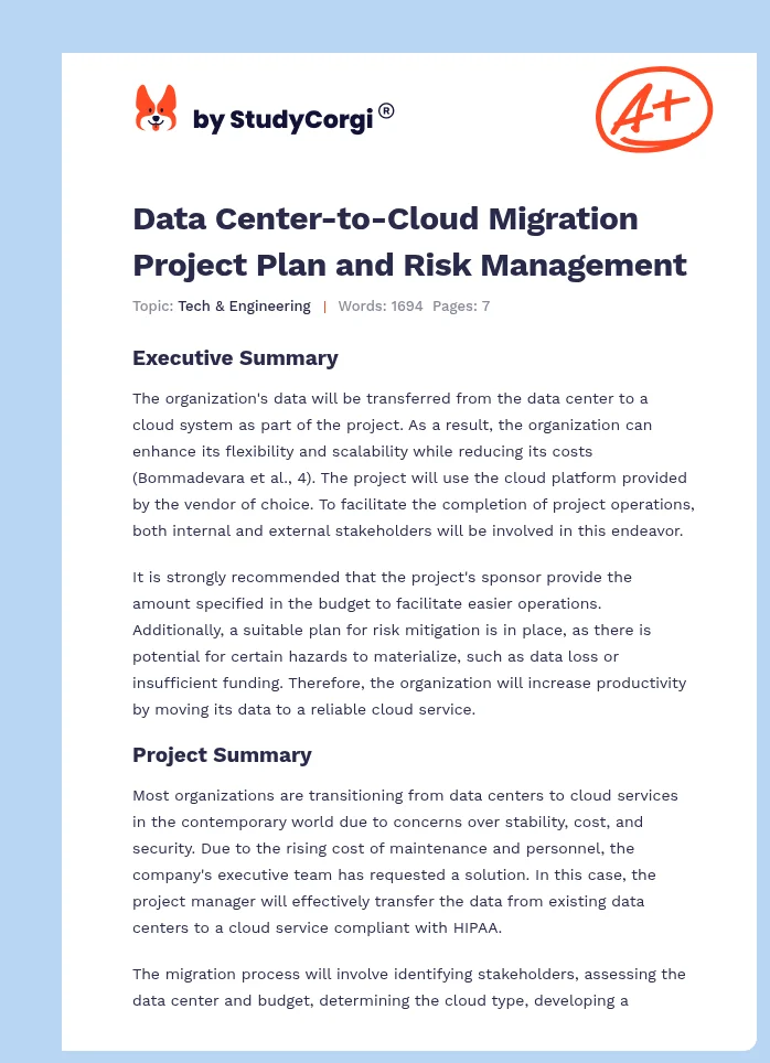 Data Center-to-Cloud Migration Project Plan and Risk Management. Page 1