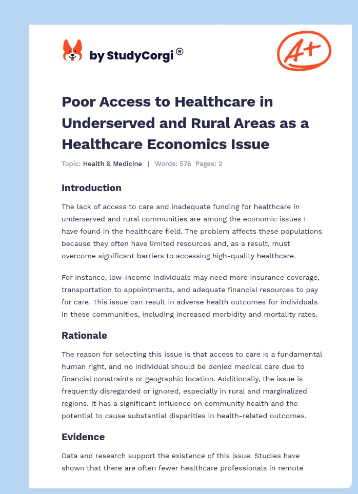 Poor Access to Healthcare in Underserved and Rural Areas as a Healthcare Economics Issue. Page 1
