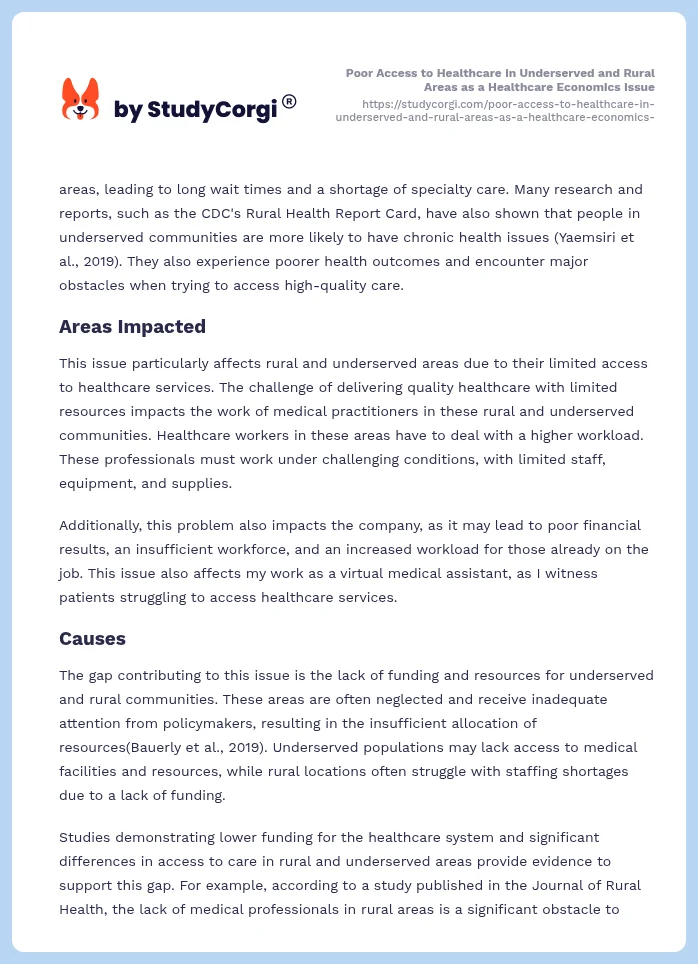 Poor Access to Healthcare in Underserved and Rural Areas as a Healthcare Economics Issue. Page 2