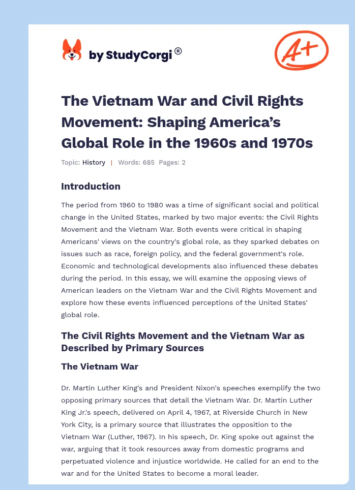 The Vietnam War and Civil Rights Movement: Shaping America’s Global Role in the 1960s and 1970s. Page 1