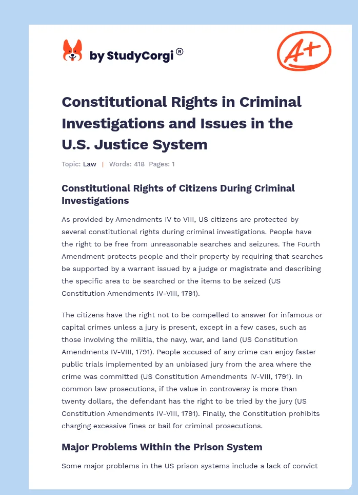 Constitutional Rights in Criminal Investigations and Issues in the U.S. Justice System. Page 1