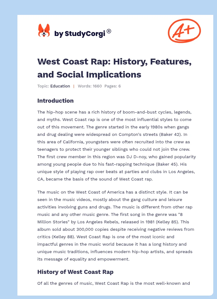 West Coast Rap: History, Features, and Social Implications. Page 1