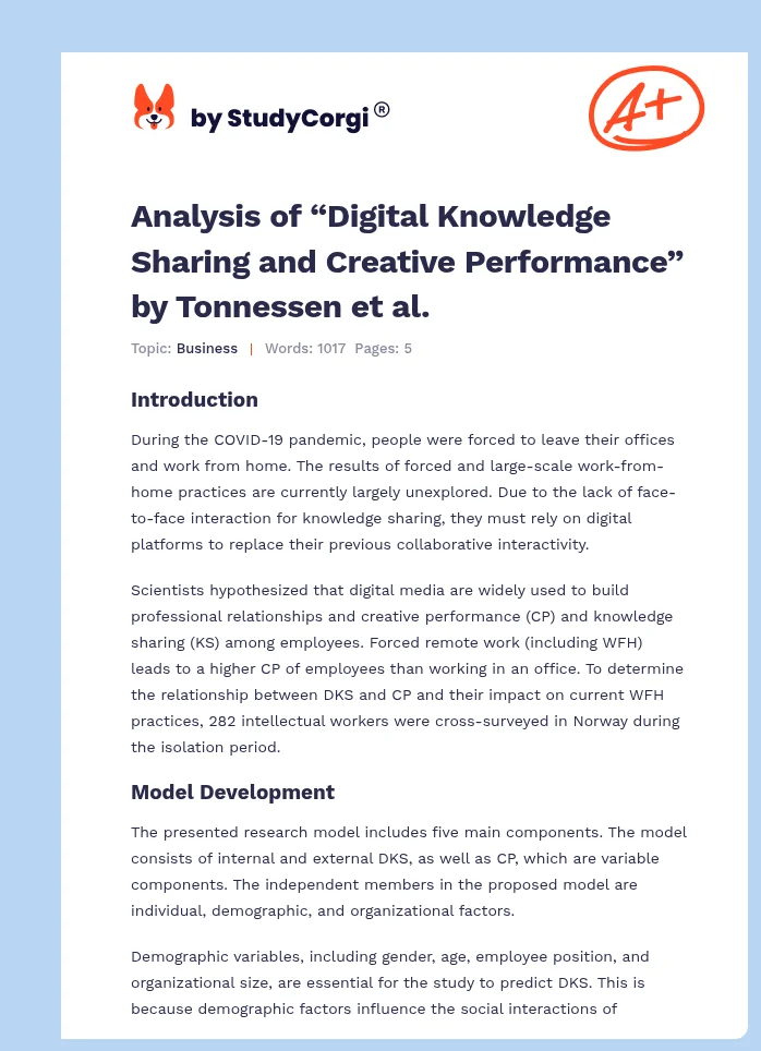 Analysis of “Digital Knowledge Sharing and Creative Performance” by Tonnessen et al.. Page 1